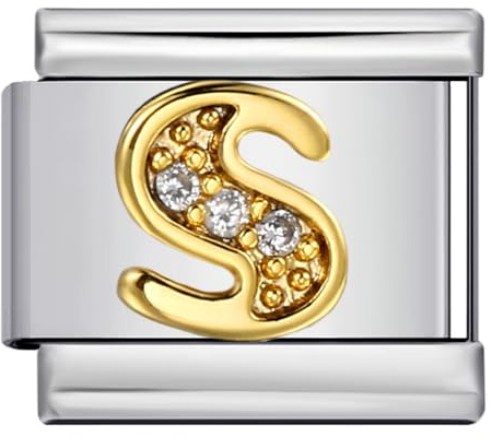 Mon & Sons A-Z - Colgante de pulsera de acero inoxidable con eslabón de 9mm, letra inicial del alfabeto de cristal blanco dorado, etiqueta de nombre personalizada para cumpleaños, plata italiana