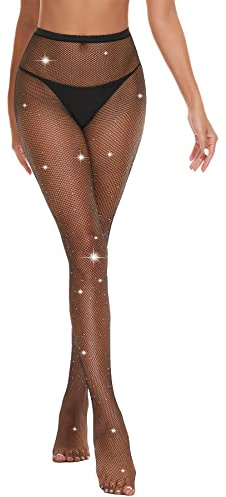 Zando Black Sparkly Fishnet Stockings for Women-High Waist Rhinestone Fishnet Tights Fish Net Stockings Mesh Pantyhose for Party Concert Black