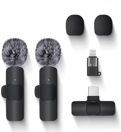 2.4G Wireless Lavalier Microphone Set, Dual Lapel Mics with Noise Cancelling, Portable Interview Microphones for iPhone and Android, with Windscreens,Live Show, Interview, Content Creating