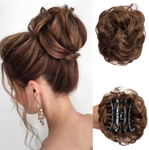 Haarteil für Hochsteckfrisuren, elastisches Haarband, gelockt, Dutt, Haargummi für Damen, Hell3 Braun 3