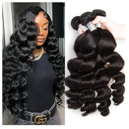 Extensiones de cabello humano brasileño Remy for mujer, 1/3/4 mechones, tejido ondulado suelto, color natural Quick Weave(22 22 22 22)