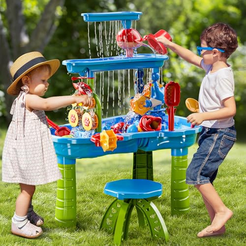 BLmukce 3-stufiger Sand- und Wassertisch mit Stühlen für Kinder Kleinkinder, Outdoor Sensorik Spielset, Sommer Strandspielzeug 2 3+ 4-8 Jahre, Wassertisch mit Zubehör für Jungen Mädchen