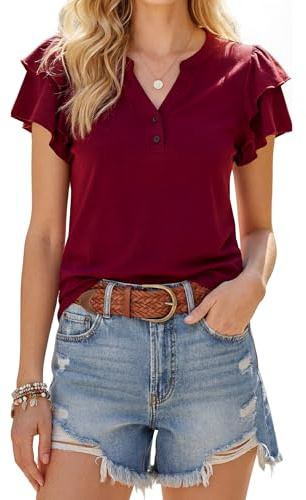 Enmain Rosso Estive Blusa Donna con Scollo a V e Volant a Maniche Corte Elegante Ufficio Maglietta con Bottoni L