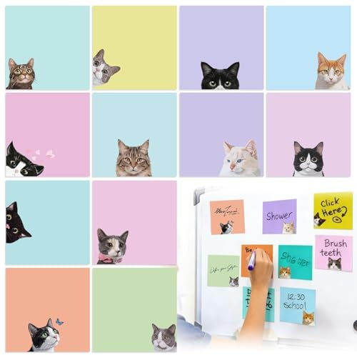 12 Blöcke Katze Haftnotizen Set Geschenk, Notizzettel Klebezettel Lustige Süße selbstklebende Cat Sticky Notes Set, Katzengeschenke für Katzenliebhaber, Katzen Geschenk,Büro Schulbedarf(7,6 x 7,6cm)