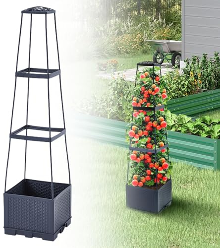 Maceta para tomates con enrejado y almacenamiento de agua, obelisco con macetero, jaula para tomates y jardineras, para tomates y escalada de verduras, plantas, jaula de tomate (A)
