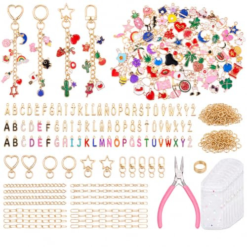 Lonimia 352 Stück DIY Schlüsselanhänger Selber Machen Set, Keychain Making Kit mit 56 gemischten Charms, 52 Buchstaben Anhänger, Ringen, Ketten, Clips, Zange & Geschenktüten