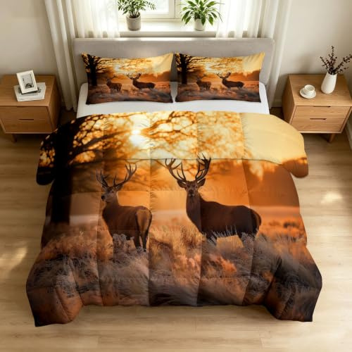 Påslakan 155 x 220 cm 4 årstider, Surrealismisk design, tvättbart täcke utan överdrag – savann hjort soluppgångsmönster hudvänlig och bekväm året runt täcke med 2 örngott 80 x 80 cm