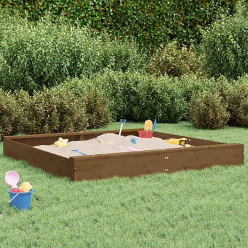 LoogCape Sabbiera con sedute marrone miele, quadrata, in legno di pino massiccio, per bambini, per esterni, resistente alle intemperie, robusta, con panca, telo da pavimento, ideale per giocare