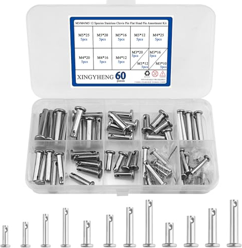 XINGYHENG 60Pcs M3 / M4 / M5 12 Species Stainless Clevis Pin Flat Head Pin with Hole Location Pin T-Shape Round Pin Assortment Kit