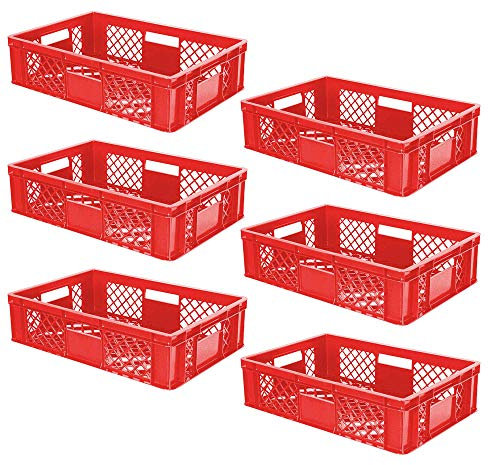 BRB Lot de 6 corbeilles empilables ajourées en polyéthylène HD de qualité industrielle, qualité alimentaire, L x l x H 600 x 400 x 150 mm, rouge