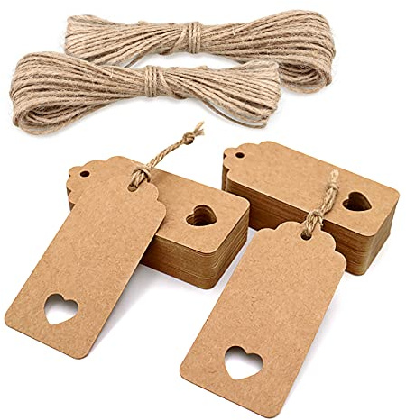 jijAcraft 200 Stück Geschenkanhänger Hochzeit Anhänger Kraftpapier Etiketten 9,5 x 4,5 CM, Anhängeetiketten mit Juteschnur, für Valentinstag, Hochzeit, Taufe, Weihnachten Geschenkverpackung (Braun)