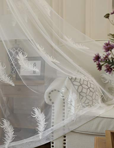 Lactraum Cortina de salón transparente blanca bordada grande plumas voile con banda universal 200 x 245 cm