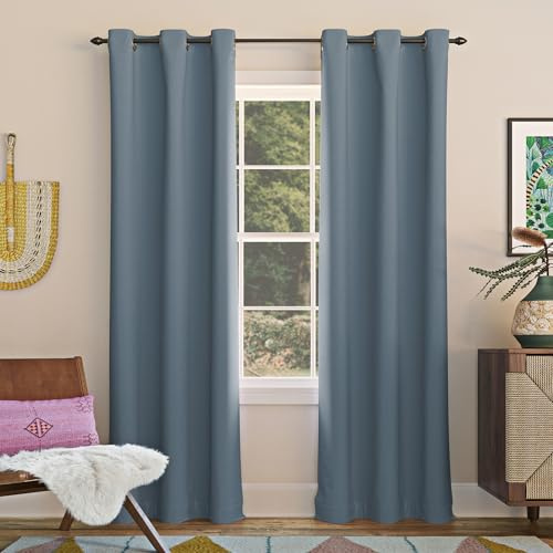 Sun Zero Easton Panneau de Rideau occultant écoénergétique à œillets, Polyester, Bleu Denim, 101,6 x 241,3 cm
