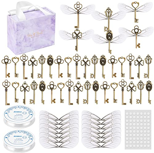 SANNIX 48 Stück große Vintage-Skelettschlüssel fliegende Schlüssel Charms mit 50 Paar Libellenflügel und 60 Meter elastische Kristallschnur für DIY Weihnachtsdekorationen