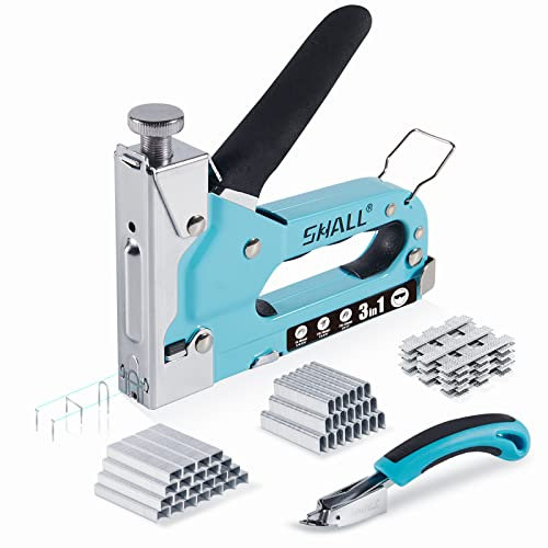 SHALL Juego de grapadora manual 3 en 1, potente pistola grapadora de madera con 3000 grapas, certificado TÜV GS, para carpintería, decoración, fijación de cables, incluye extractor de grapas