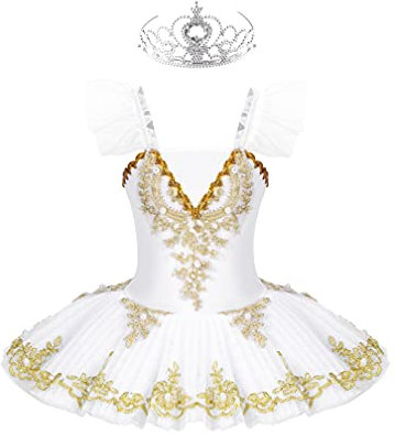 MSemis 3tlg. Mädchen Ballettkleid Schwan Ballett Kostüm Tanz Trikot mit Mesh Tutu Kleid Kinder Ballettkleidung Gr. 98-164 C Weiß A 122-128