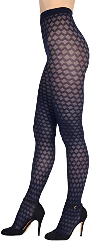 BANANALU Netz Strumpfhosen Damen mit Karo Muster 60 Den blickdichte karierte Alina 60 Deep Navy L