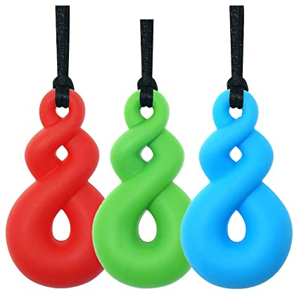 Silikon-Kaubeißring-Halskette, Chewelry-Anhänger für Erwachsene und kleine Babys zum Tragen, weiche sensorische Pflegewerkzeuge für Autismus, ADHS und zahnende Kinder (3er-Pack, Blau, Grün, Rot)