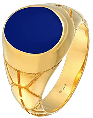 Kuzzoi Siegelring Herrenring oval Emaille blau massiv 13 mm 925 Silber | vergoldet Goldener Ring verziert Ring für Männer Ringgröße 54 66