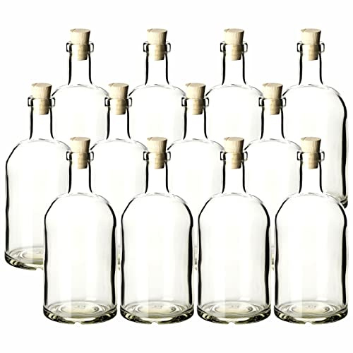 gouveo 12er Set Glasflaschen 500 ml Klassik mit Korken (SK) - Leere Flasche 0,5 l aus Glas zum Befüllen - Glasflasche für Likör, Schnaps, Gin, Öl, Essig (KFT500SK)