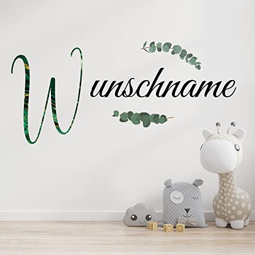 Wandaufkleber Set mit Wunschname Wunschtext Wandtattoo personalisiert mit Name Sterne Feder Blume für Kinderzimmer Wohnzimmer Tür Eingang Flur Aufkleber selbst gestalten (03 Marmor grün)