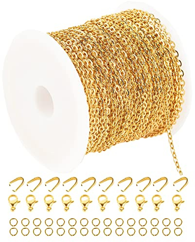 UMAOKANG 33 Feet Gold Plated Chains for Jewelry Making Flat Cable Chain Link Spool DIY Craft Earring Bracelet Necklace Chain Bulk with Lobster Clasps Jump Rings Pinch Clip Clasp