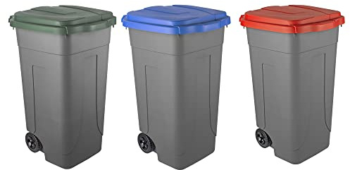 Eplastic - Set 3 Bidoni Raccolta Differenziata 80L | Contenitori Rifiuti con Coperchi Colorati (Verde, Rosso, Blu) | Pattumiere Ecologiche per Casa e Ufficio - Corpo Grigio Resistente