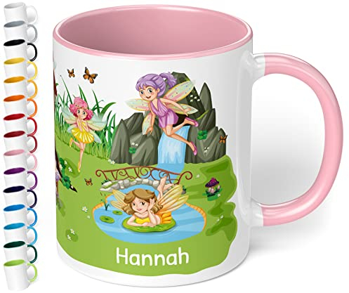Tasse für Mädchen mit Namen „Zauberhafte Feen – Tasse mit Feen personalisiert für Kinder – Feen Kinderbecher Namenstasse - Geschenk zum Geburtstag & Mitbringsel Kindergeburtstag (Rosa)