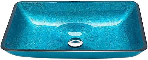 Handwaschbecken Gehärtetes Aufsatzwaschbecken Waschtisch Set Blau 12MM Dick Aufsatz-Waschschale Waschtisch mit Pop-up-Abfluss, Ohne Wasserhahn,Oval (Color : Rectangular)