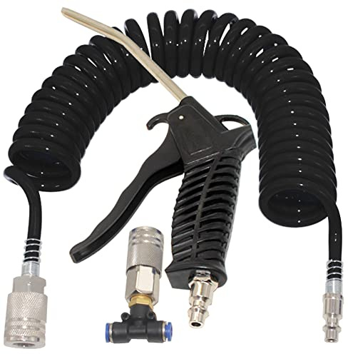 Qolekog Air Blow Gun kit with 16ft Long 8mm OD Coil PU Air Hose Air Duster Blow Gun Kit with PTC Adaptor (Black)