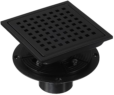 sourcing map 6 Inch Square Shower Floor Drain, 304 Stainless Steel Floor Drain with Flange for Bathrooms, Kitchens, Garages, Showers Sinks, Quadrato Pattern Grate Removable, Matte Black