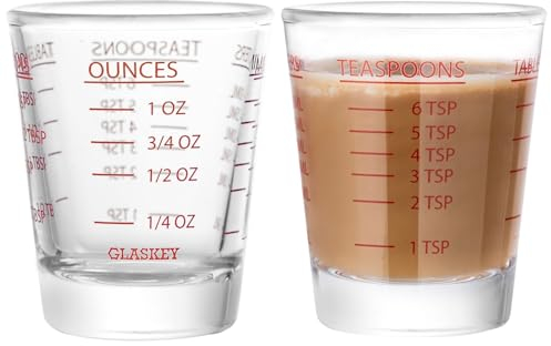 GLASKEY Juego de 2 Vaso Medidor de Chupitos,Taza medidora de Vidrio pequeña con cuatro métodos de medición(oz/ml/TSP/TBSP),Apto para lavavajillas,Perfecto para el Café,los Cócteles y la Cocina(Rojo)
