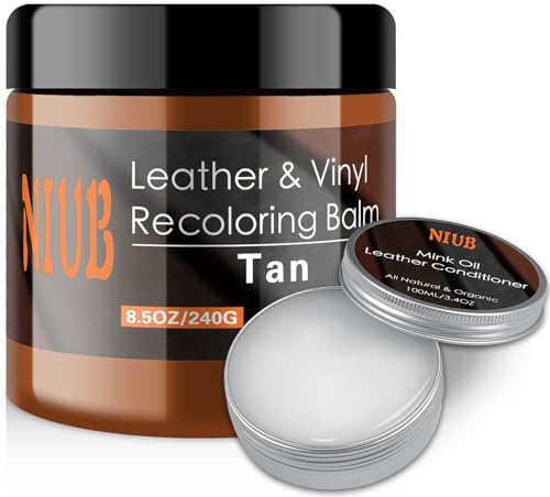 NIUB Leather Recoloring Balm, 8.5Oz Tan with Oil Leather Color Restorer, Leather Scratch Remover, Leather Restorer for Couches,Furniture,Leather Shoes, Leather Couch Paint,Leather Balm | Scratch Repair Leather Paint for Furniture Couches Car Seats Shoes Bags Leather Dye and Scratched Leather