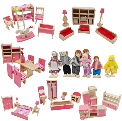 46pcs 6 Set Wooden Doll House Furniture with a Family of 7 Dolls Pretend Play Furniture for Kids Childs Gifts Family