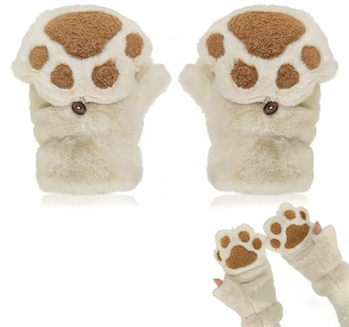 AffeGifts Katttass-handskar, plysch fingerlösa handskar söta halva fingrar varma vinterhandskar katt cosplay handskar för kvinnor och tonårsflickor, Brun 2, M