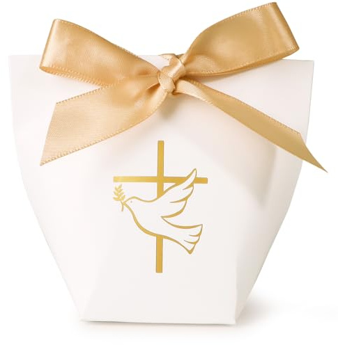 24Pcs Boîte Dragée Sachet Bonbon Ballotin Cadeau Blanc pour Fête Baptême Communion Confirmation Mariage avec Ruban (Colombe et Croix)