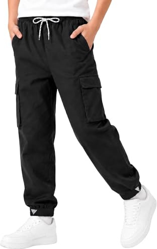 HIBETY Pantaloni cargo per ragazzi in cotone, protezione solare UPF 50+, pantaloni da trekking, pantaloni traspiranti per bambini, Nero , 10 anni