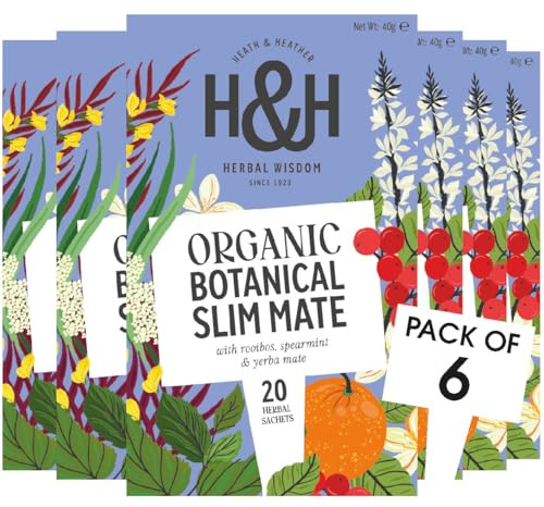 Heath & Heather - Organic Slim Mate Tea with Green Tea, Yerba Mate & Lemongrass • Naturally Energising & Metabolism Supporting • Vegan • Multipack 6 x 20 Boxes (120 Tea Bags)