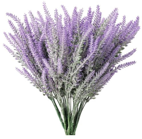 KOMUNJ 12 Pack Kunstblumen Lavendel Blüten Lila Blumen Deko，Wetterfeste Balkonpflanzen Künstliche Pflanzen Büsche für Outdoor Indoor Balkon Balkonkasten Blumenkasten
