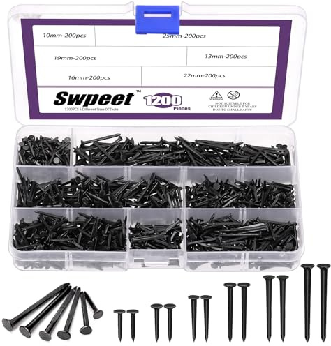 Swpeet 1200Pcs 6 Sizes 10mm/13mm/16mm/19mm/22mm/25mm Metal Nails Tacks Assortment Kit, Non-Slip Shoe Tacks Metal Hardware Nails Studs for Shoes Boots Leather Heels Soles Repairs Replacement