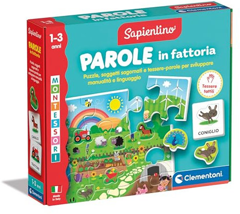 Clementoni Sapientino Montessori - Parole in Fattoria, Gioco Educativo con Puzzle Animali Sagomati per Bambini 1-3 Anni, Sviluppo del Linguaggio e Tattile, Made in Italy, Lingua Italiana, 16864