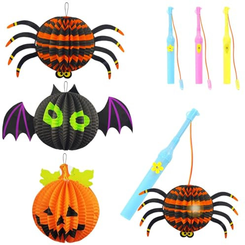 3 Stück Halloween Papier Laternen Dekoration,Halloween Laternen,Faltbar Lampenschirm Papier,Elektrischer Laternenstab Set,Kürbis Papierlaternen Fledermaus Laternen für Halloween Dekoration