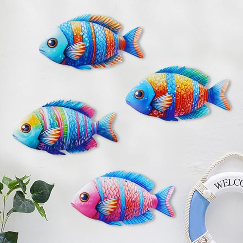 LIUCONGBD 4PCS Fish Metal Wall Art, Bright Color Nautical Hanging Wall Decor, Ocean Beach Garden Ornaments Outdoor Sculpture for Indoor Kitchen Lake House Bathroom Bedroom Decoration (Fish)