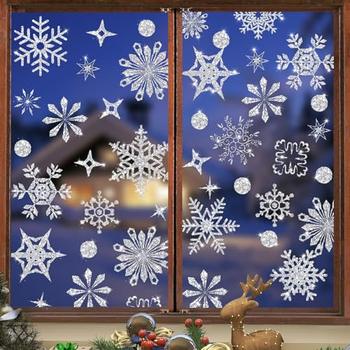 Snöflingor fönsterbilder jul självhäftande, 93 st glitter silver fönsterklistermärken jul, snöflingor fönsterdekoration jul fönsterbilder, fönsterklistermärken för juldekoration fönster