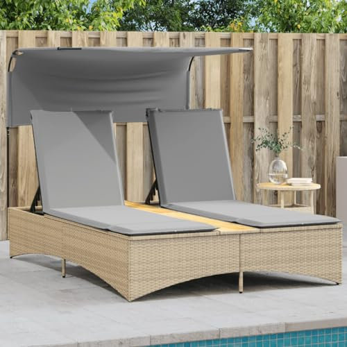 LAPOOH Doppel-Sonnenliege mit Dach und Auflagen Beige Poly Rattan, Gartenliege, Liegestuhl, Sonnenstuhl, Sonneninsel Outdoor, Liegen, Gartenmöbel, Bäderliege, Relaxliege - 365623
