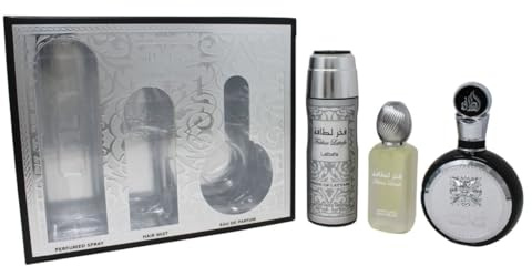 Lattafa Fakhar for Men 3 Piece Set (3.4 Oz Eau de Parfum Spray + 1.7 Oz Hair Mist + 6.7 Oz Deodorant Spray)