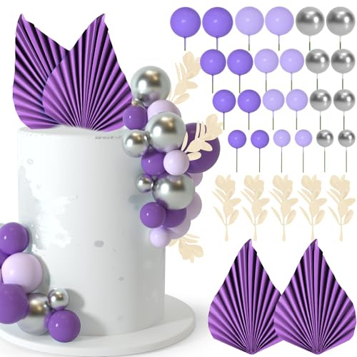NEBURORA 64 Pcs Balls Cake Toppers & Leaves Decoration Set - Mini Balloons for Cake Decorating Supplies - Balls Cake Decorations for Baby Shower, Birthday, Wedding & Anniversary - Purple, Silver