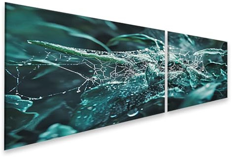 islandburner Bild auf Leinwand Tautropfen auf Spinnennetz in grünen Blättern Bilder Wandbilder Poster