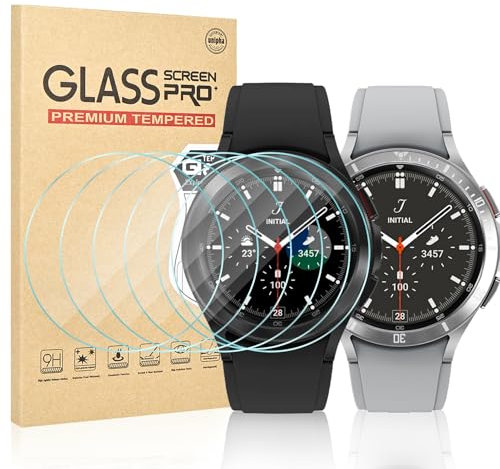 Vozehui 6 Pack Screen Protector for Samsung Galaxy Watch 4 Classic 46mm, High Definition Tempered Glass, 2.5D Ultra-Thin, Touch Sensitive, Easy Installation, for Samsung Galaxy Watch 4 Classic 46mm