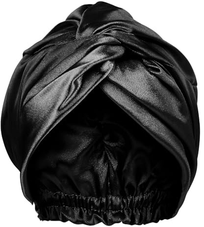 ElevateTech Satin Bonnet, Black Silk Bonnet Large Adjustable Satin Turban Hair Wrap Stylish Sleep Cap Elastic Band Shower Cap for Women Curly Long Hair Sleeping